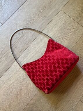 Gucci Red Velvet Monogram Shoulder Bag with Slim Metal Strap